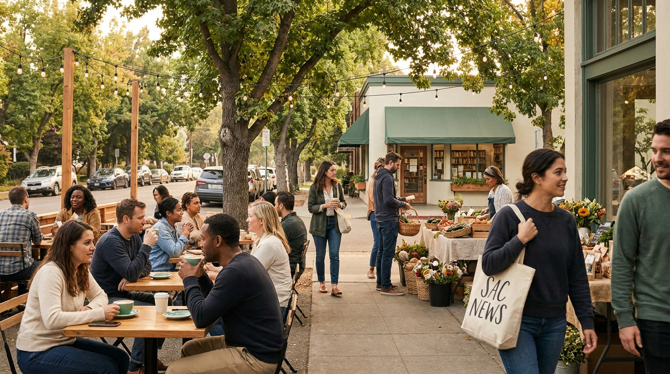 A warm Greater Sacramento neighborhood scene with locals, trees, and a café-style street setting.