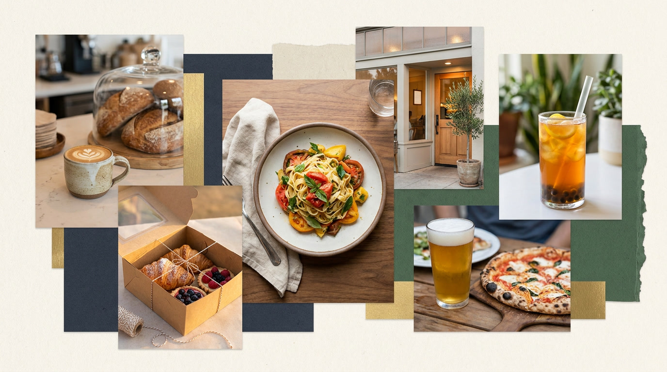 A warm editorial collage of café drinks, pastries, restaurant details, pizza, and local food scenes representing Sacramento-area openings.