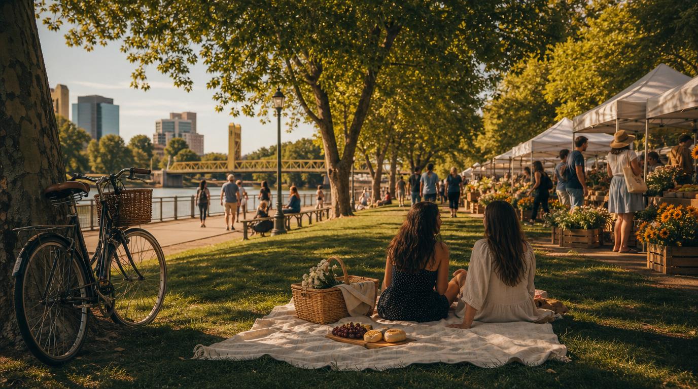 A warm Sacramento summer scene with a park, river path, picnic setup, bike, and farmers market feel in golden light.